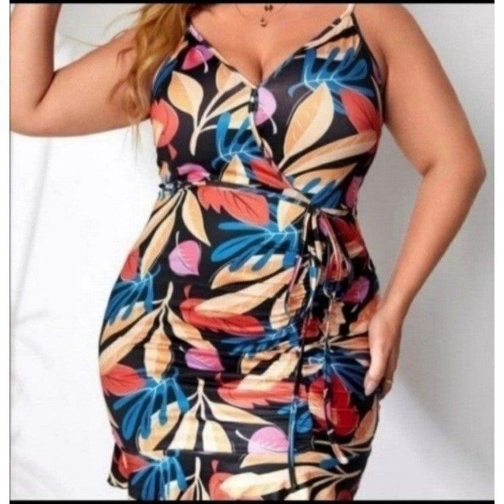 Womens Dress Floral Plus Leaf pPrint  Belted Cami Dress 1X